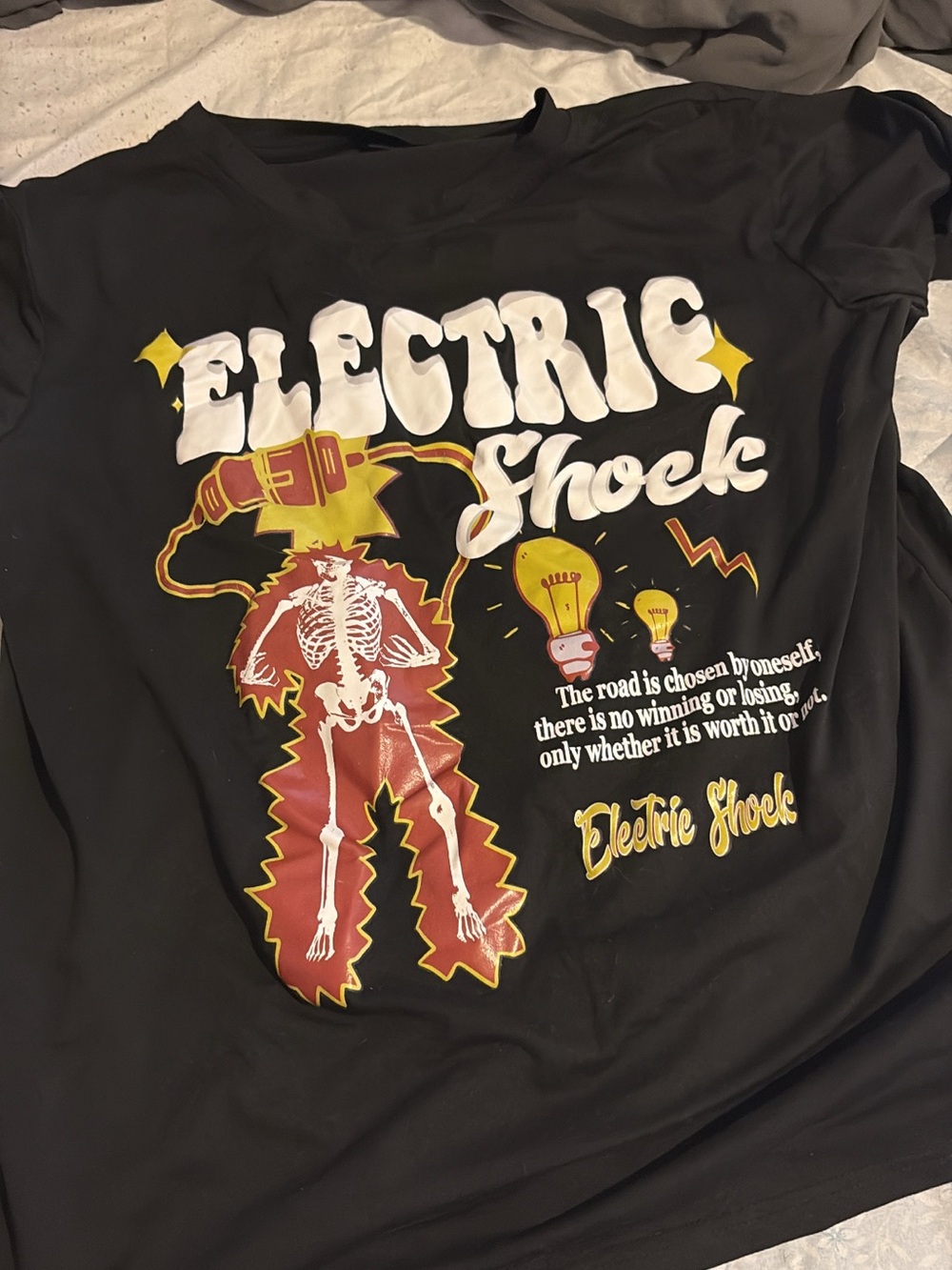 SHEIN Black Graphic "Electric Shock" Skeleton Tee with Yellow & Red Accents